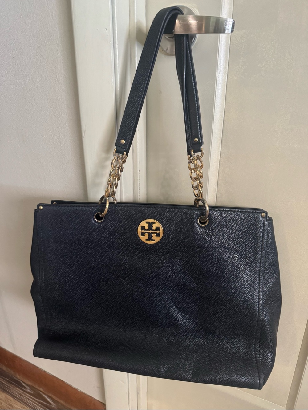 Tory Burch Navy Blue Pebbled Leather Chain-Handle Shoulder Bag